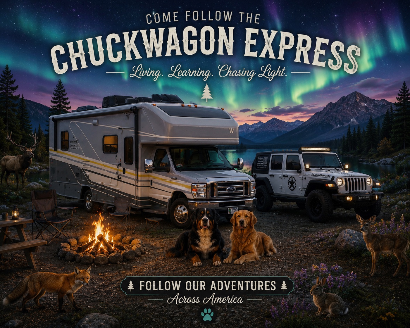 Adventure artwork of the Chuckwagon Express RV and Jeep beside a campfire under the northern lights