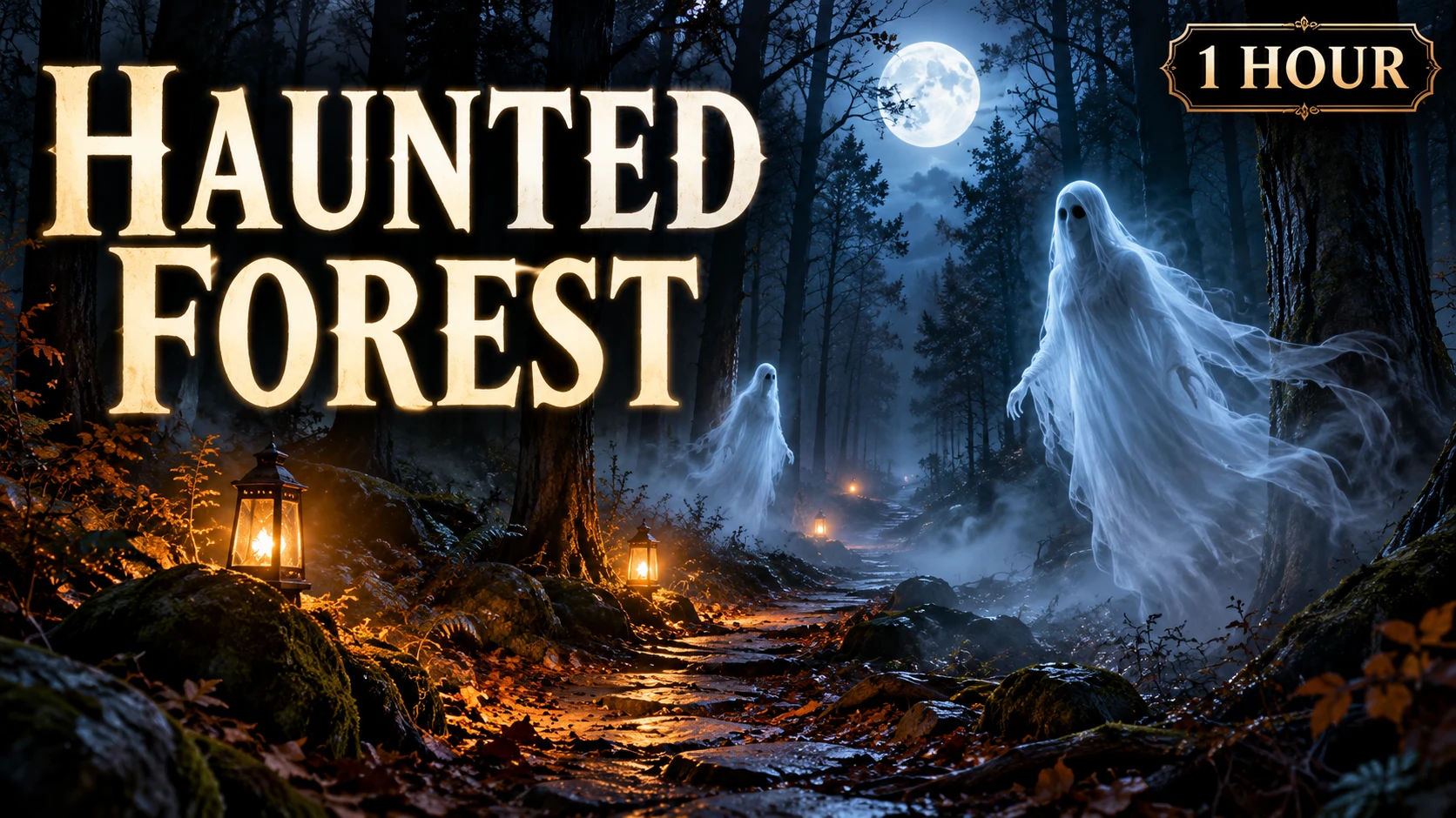 Ghosts drifting along a moonlit forest path, with Haunted Forest and 1 Hour lettering