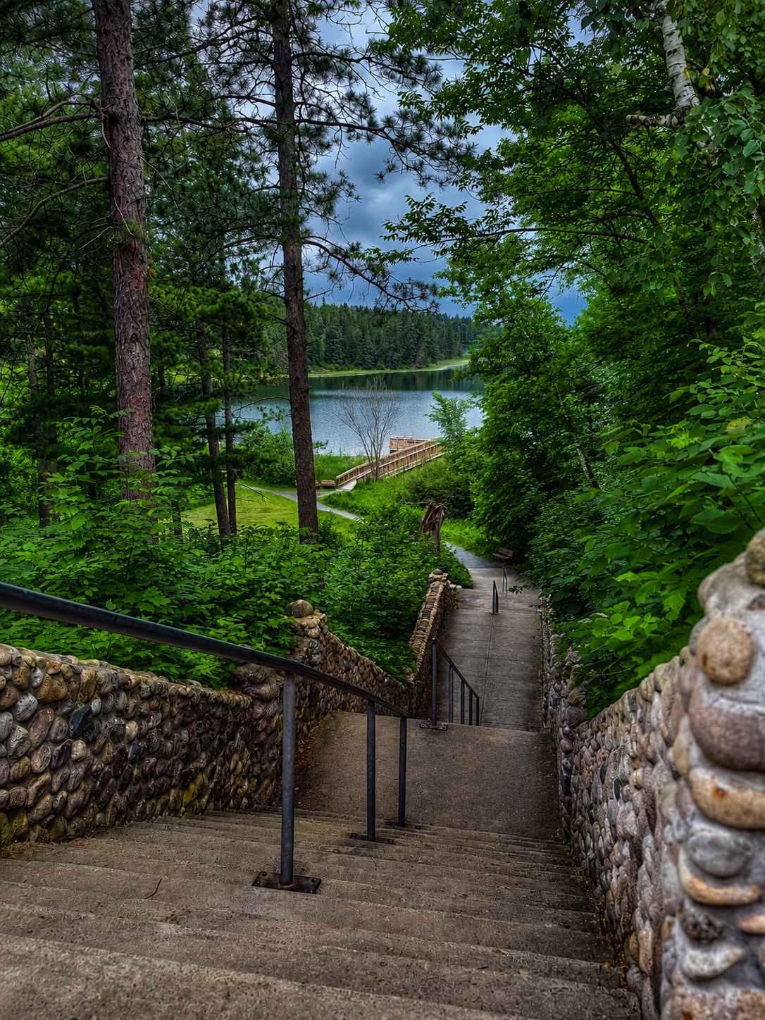 Stone-lined steps leading down toward Lake Itasca