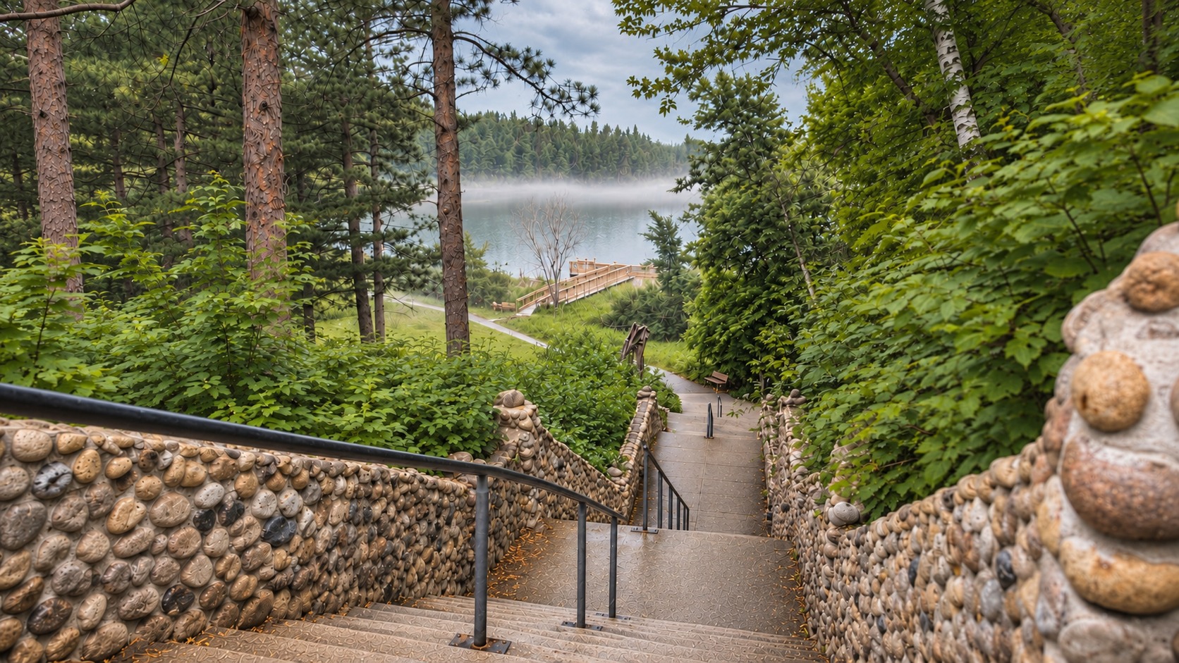 Stone steps leading through the pines to a misty lake
