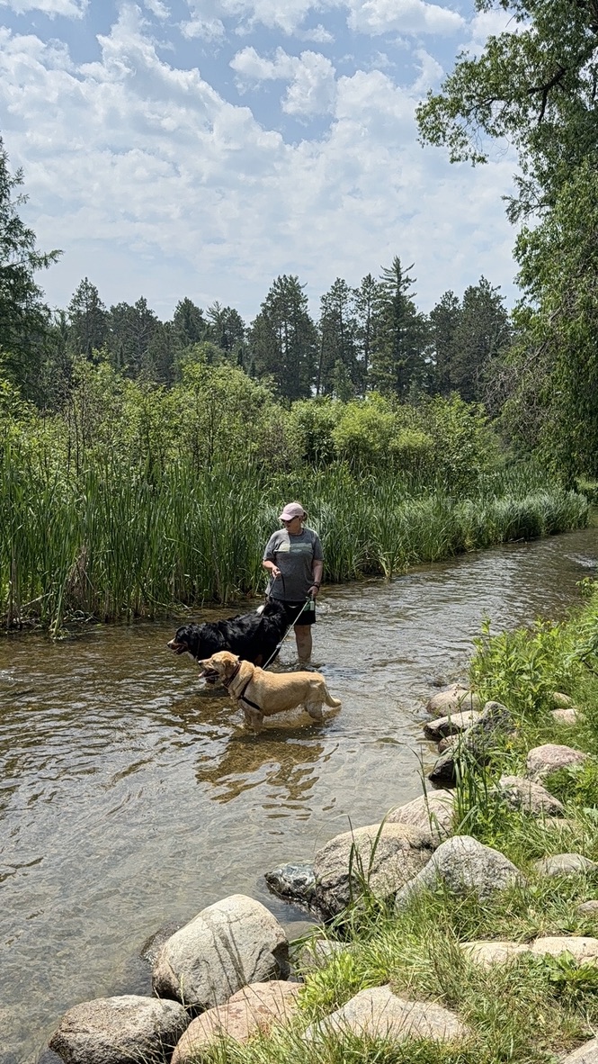 Maureen, Charlie and Maggie at the shallow water’s edge