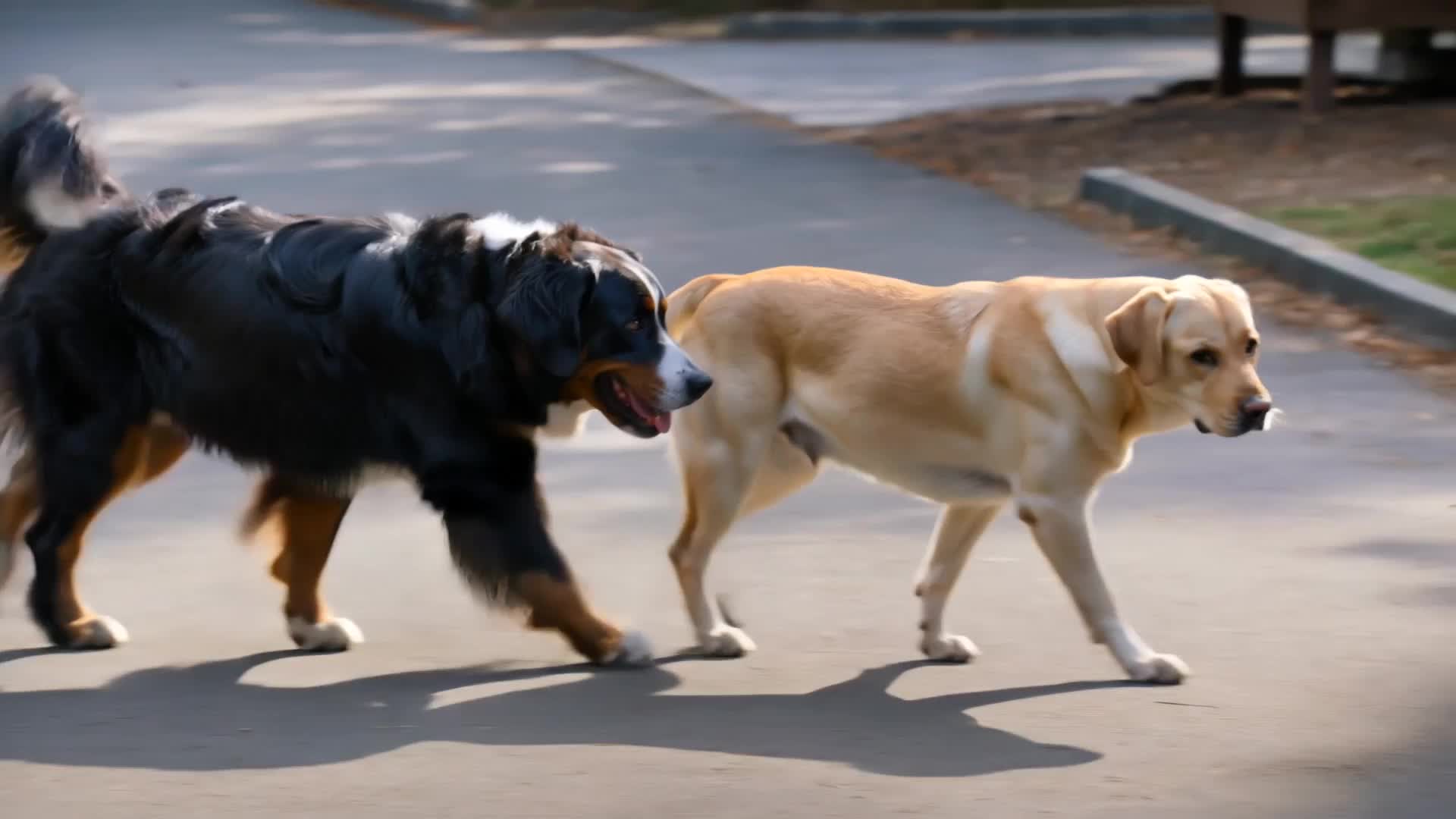 Animated Charlie the Bernese and Maggie the yellow Labrador walking together